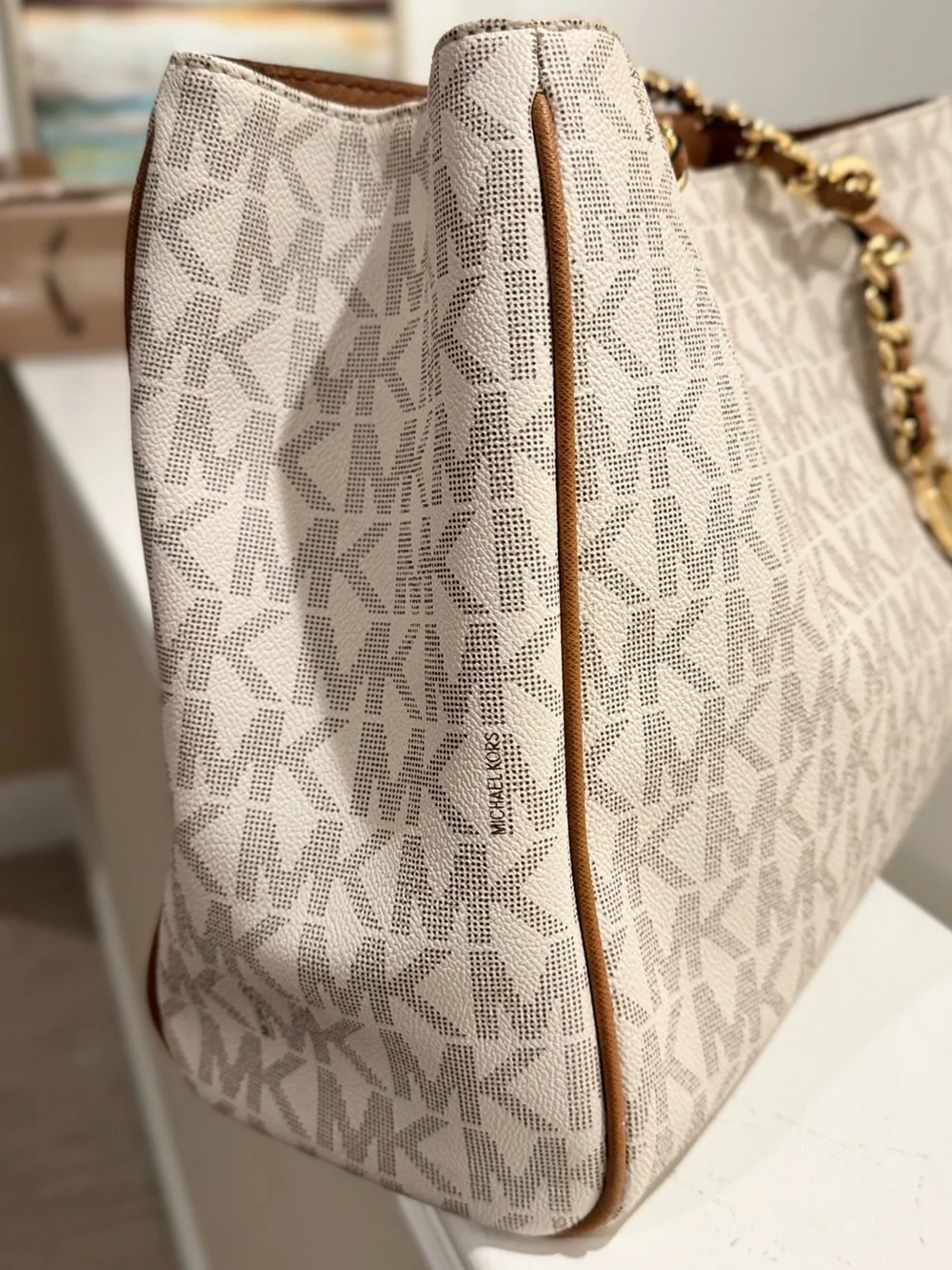 Michael Kors White/Brown Signature Costed Canvas and Leather Tote.